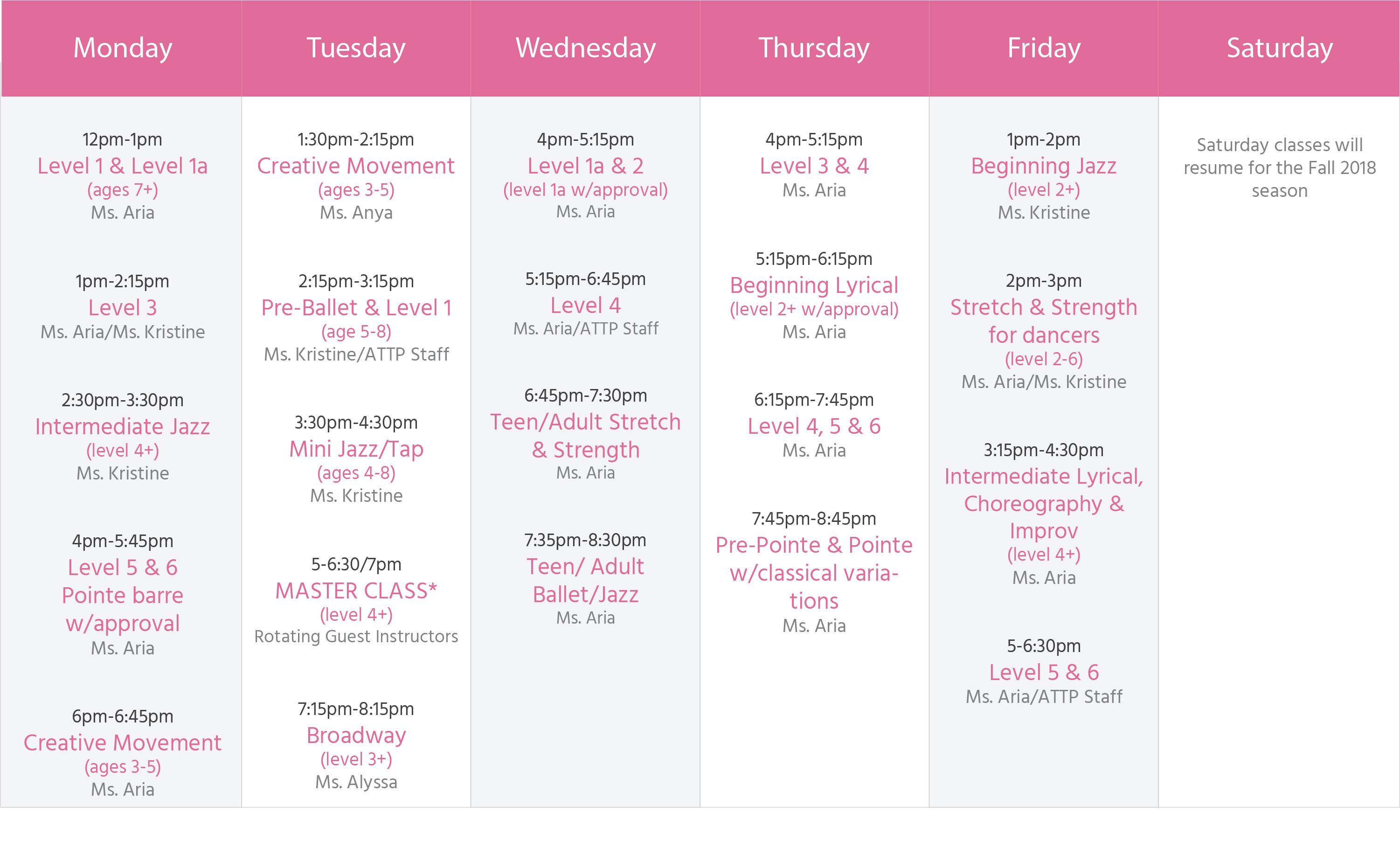 Summer 2018 Summer Schedule 2018