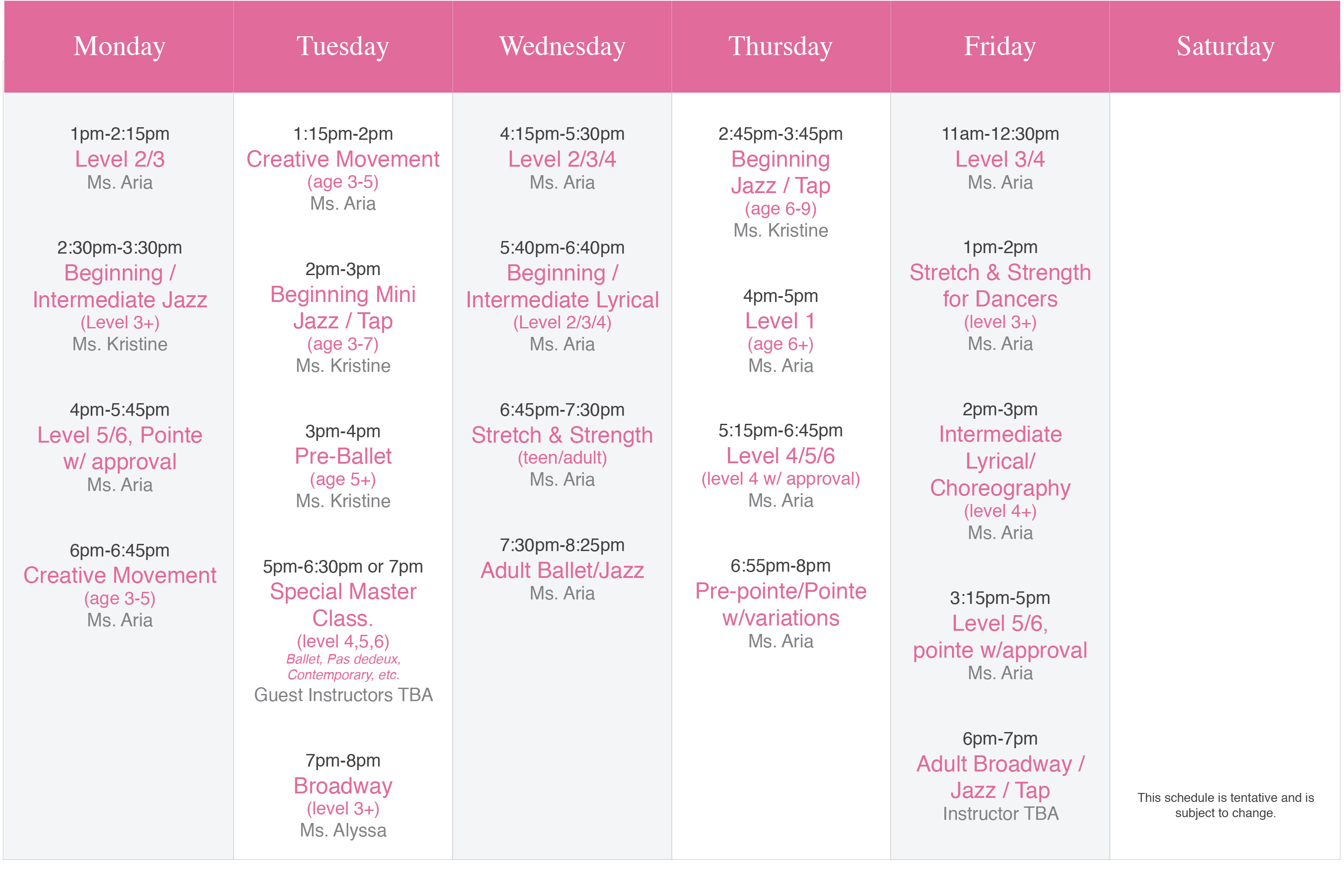 Summer Schedule 2017 Summer Schedule 2017