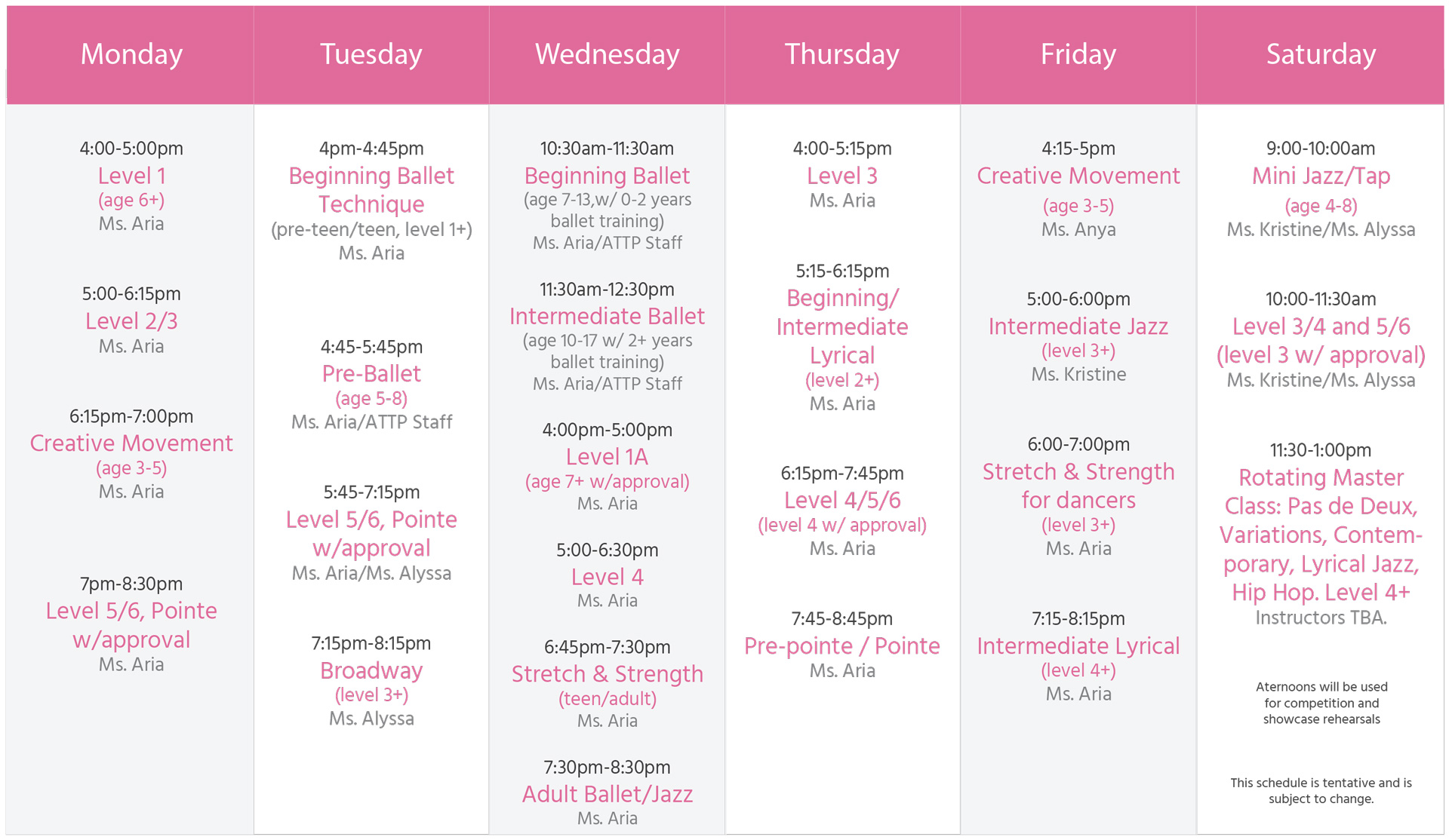 Winter/Sprig Schedule 2018 Winter/Sprig Schedule 2018